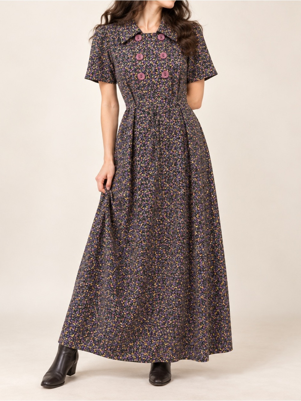 Gothic Twee Dark Floral Maxi Dress Mauve Buttons Tagged 9 Fits XS